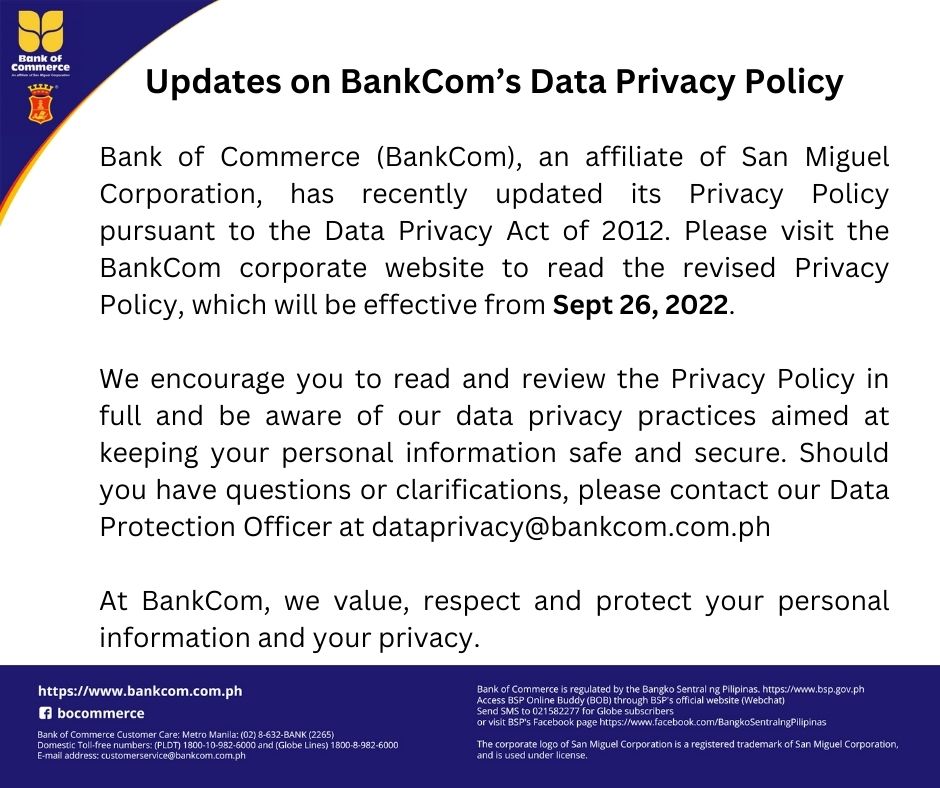 Updates on BankCom's Data Privacy Policy