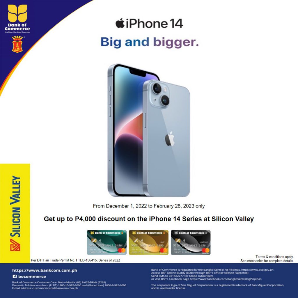 Save up to P4,000 on the iPhone 14 Series at Silicon Valley with your BankCom Credit Card!