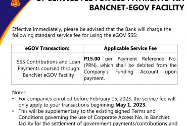 ADVISORY ON IMPLEMENTATION  OF SERVICE FEE FOR SSS PAYMENTS VIA  BANCNET-EGOV FACILITY