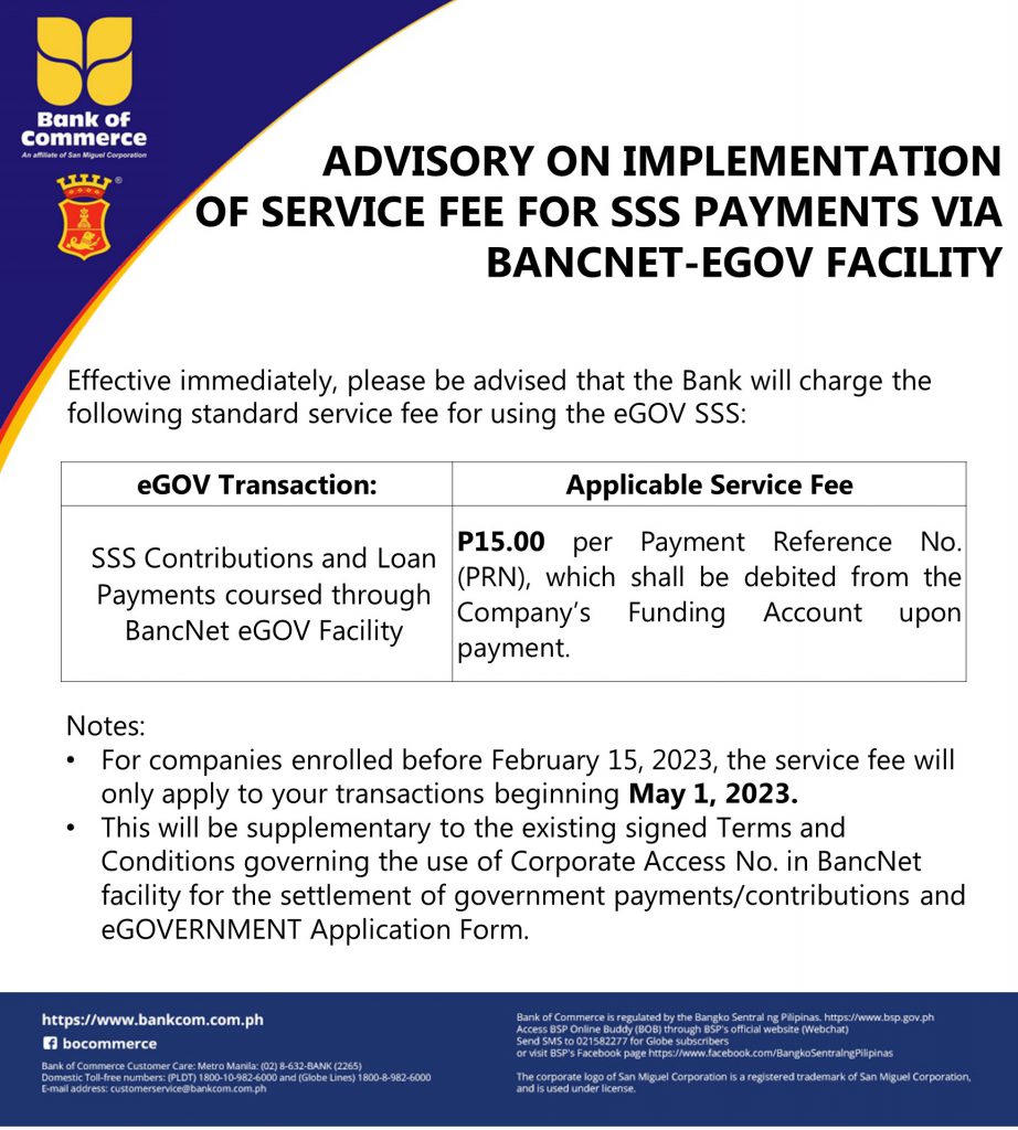 ADVISORY ON IMPLEMENTATION  OF SERVICE FEE FOR SSS PAYMENTS VIA  BANCNET-EGOV FACILITY