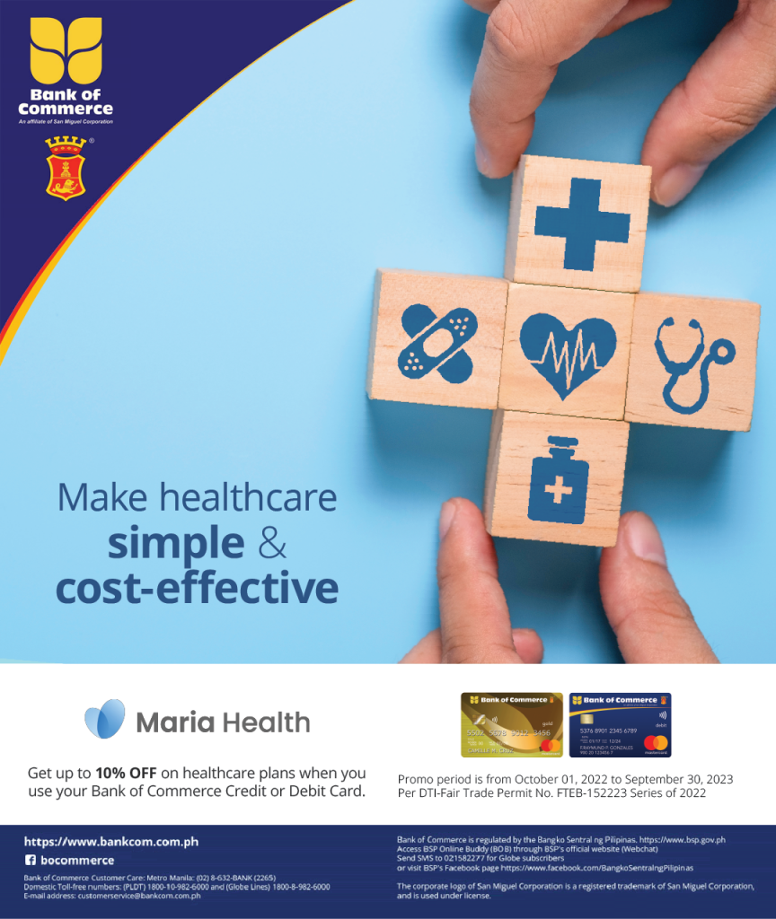 Take care of your health for as low as Php1,350 per year on Prepaid Plans at Maria Health with your BankCom Credit or Debit Card