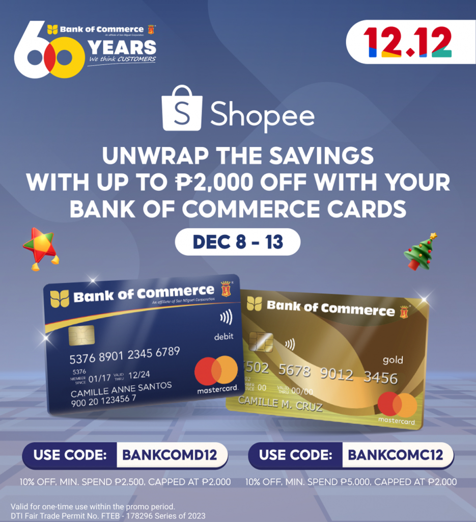 A merry cartful of Christmas savings! Enjoy up to P2,000 OFF on Shopee 12.12 with your BankCom Credit and Debit Card!
