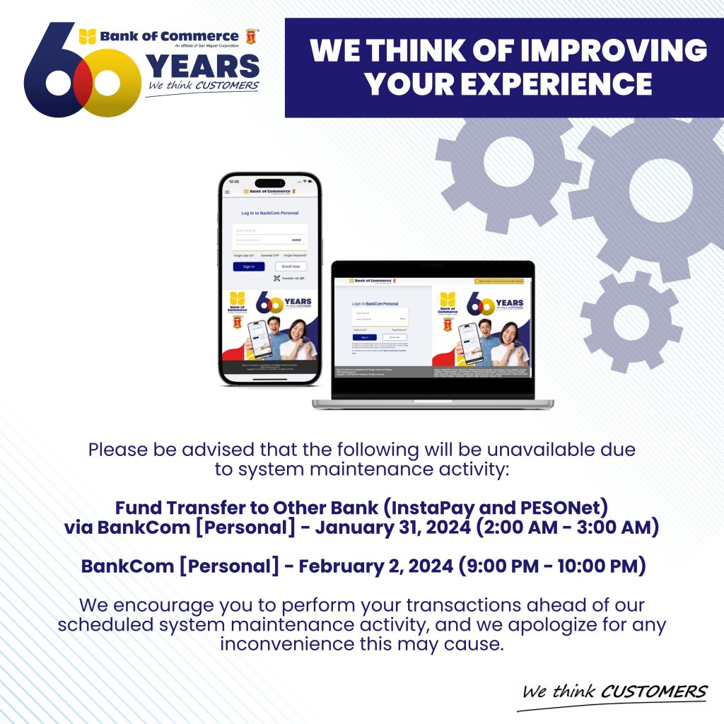 CLIENT ADVISORY: SYSTEM MAINTENANCE ACTIVITY -BANKCOM [PERSONAL]