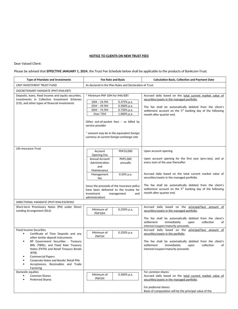 NOTICE TO CLIENTS ON NEW TRUST FEES 1
