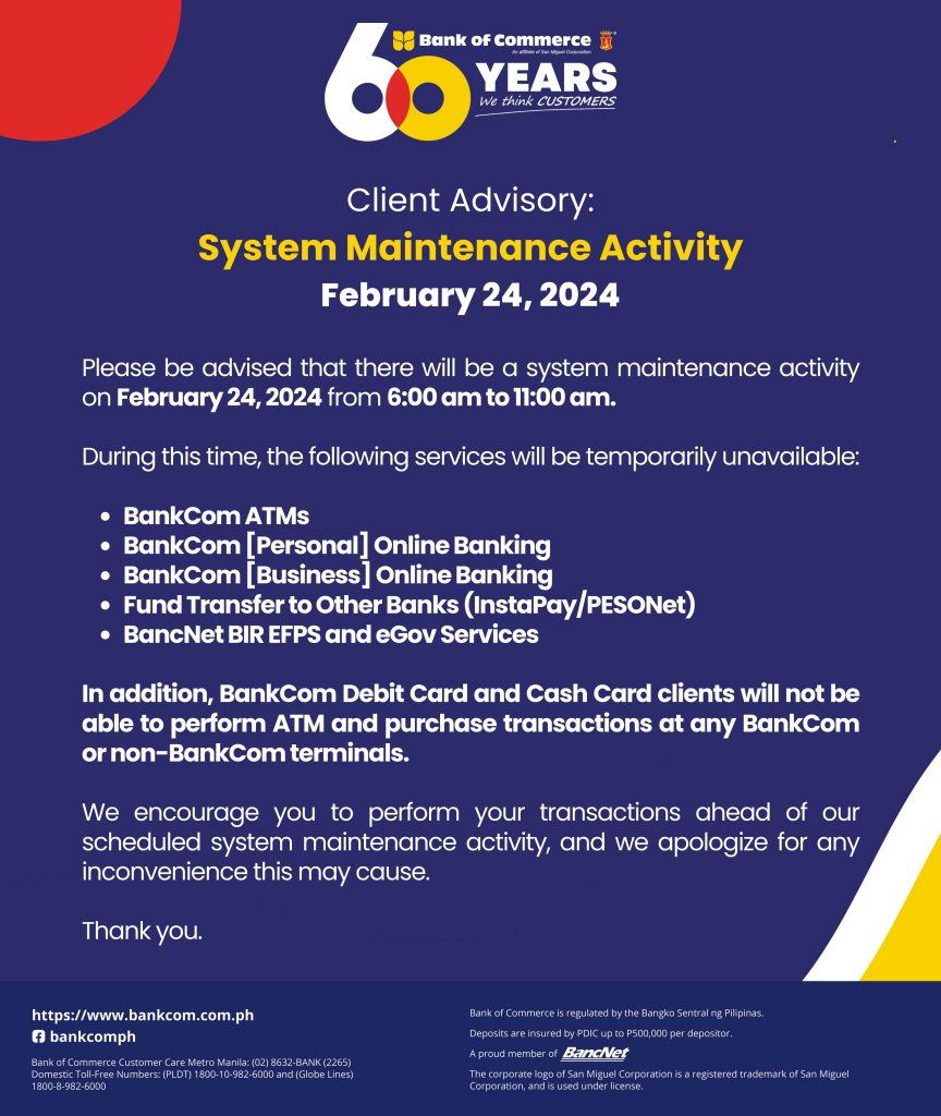 CLIENT ADVISORY: SYSTEM MAINTENANCE ACTIVITY – FEB. 24, 2024