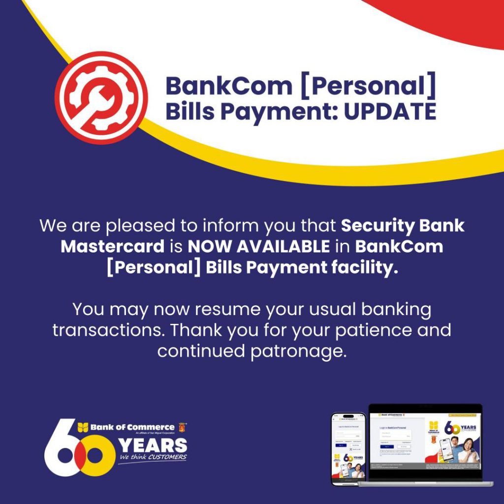 CLIENT ADVISORY: BANKCOM [PERSONAL] BILLS PAYMENT - UPDATE