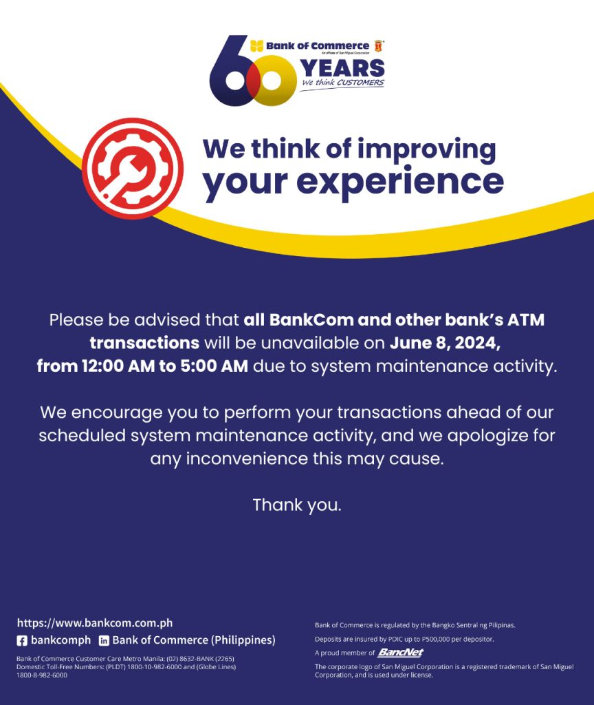 CLIENT ADVISORY: BANKCOM ATM SYSTEM MAINTENANCE ACTIVITY – JUNE 8, 2024