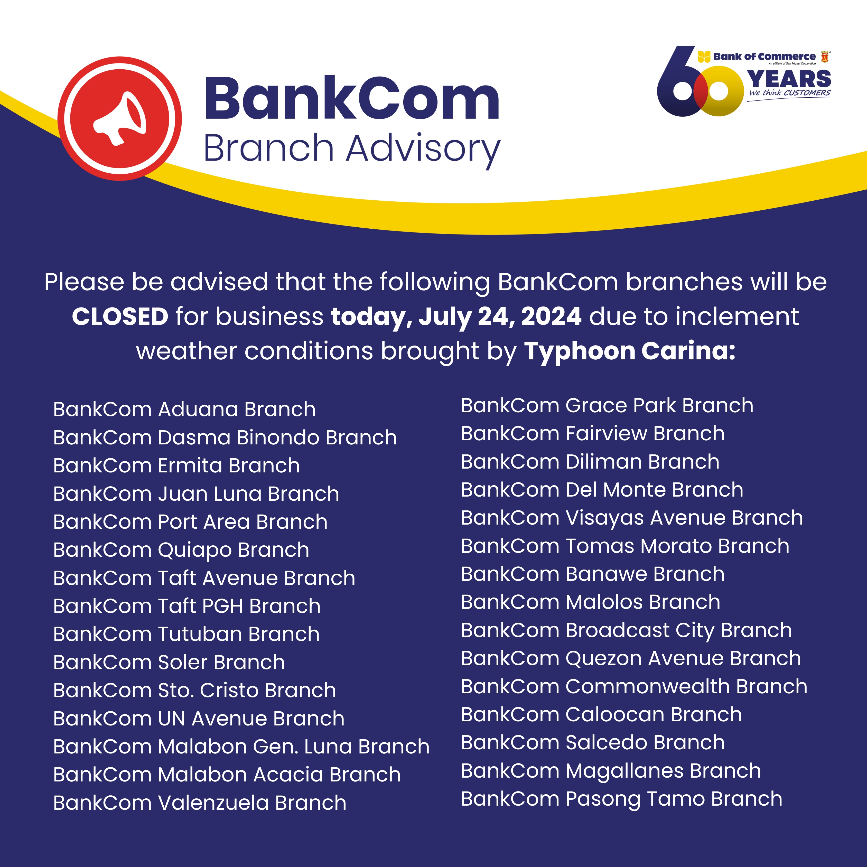 BRANCH ADVISORY: WORK SUSPENSION AS OF JULY 24, 2024