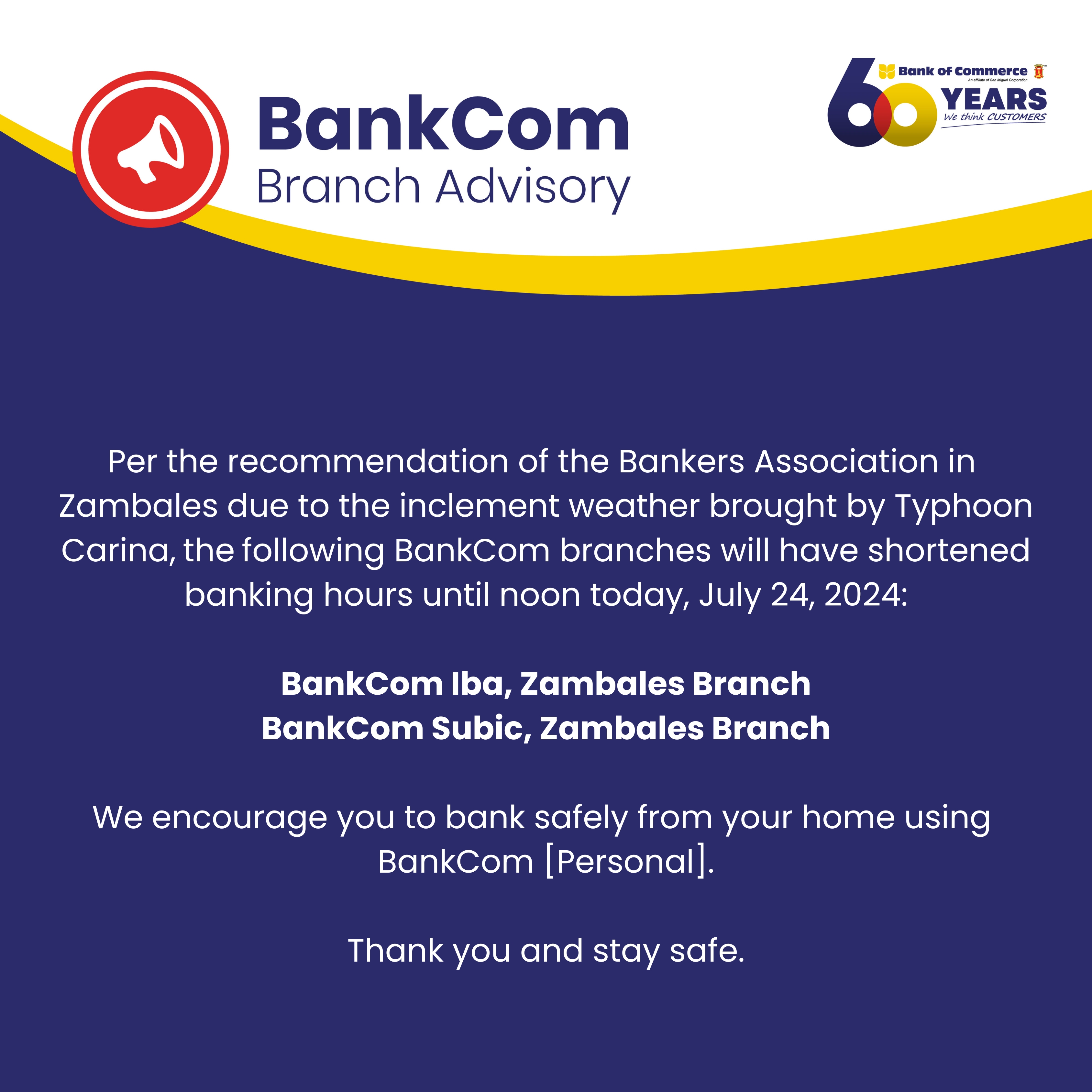 BRANCH ADVISORY: SHORTENED BANKING HOURS – JULY 24, 2024