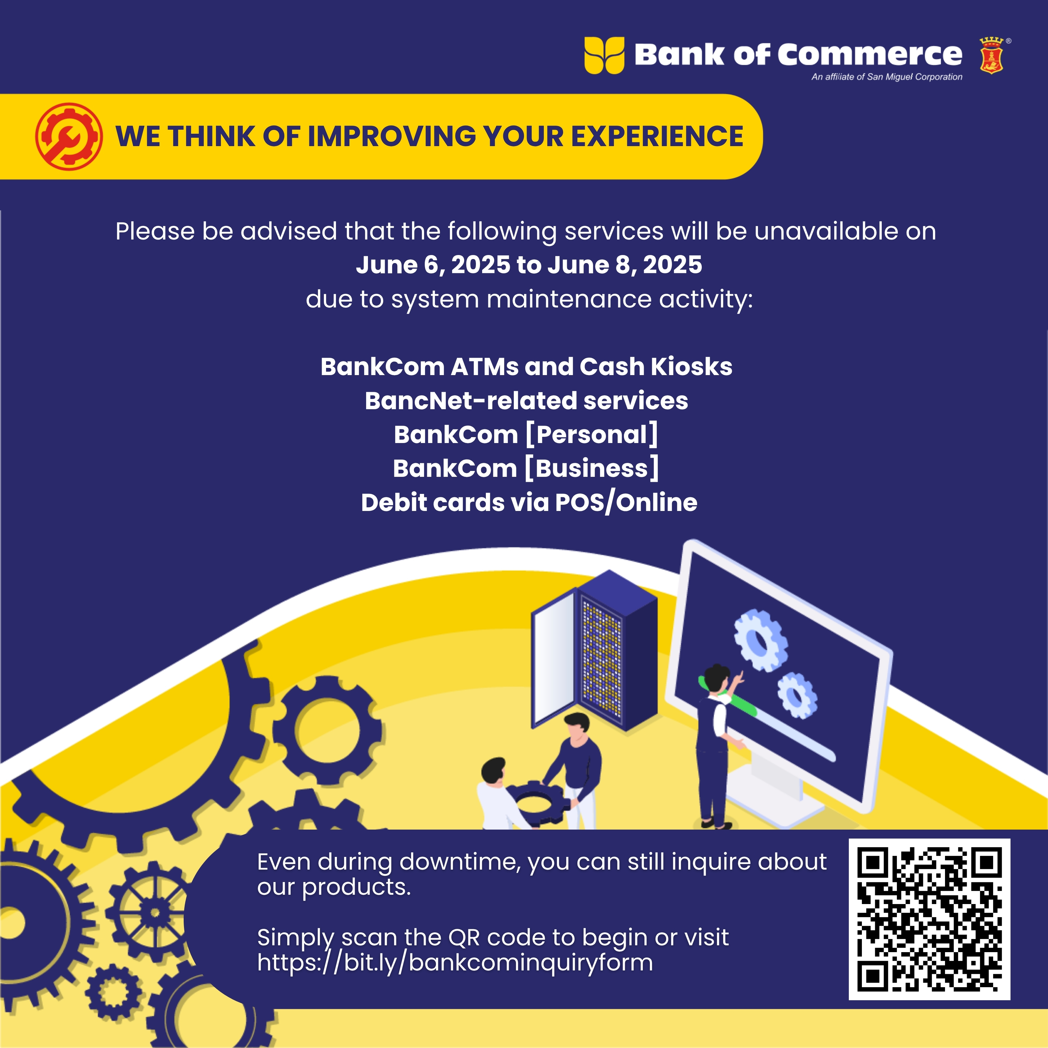 CLIENT ADVISORY: BANKCOM SYSTEM MAINTENANCE ACTIVITY – JUNE 5, 11 PM TO JUNE 8, 2025