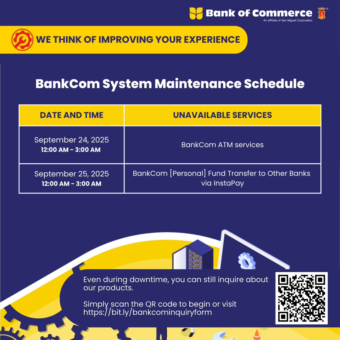 CLIENT ADVISORY: BANKCOM SYSTEM MAINTENANCE SCHEDULE FOR SEPTEMBER 24-25, 2025