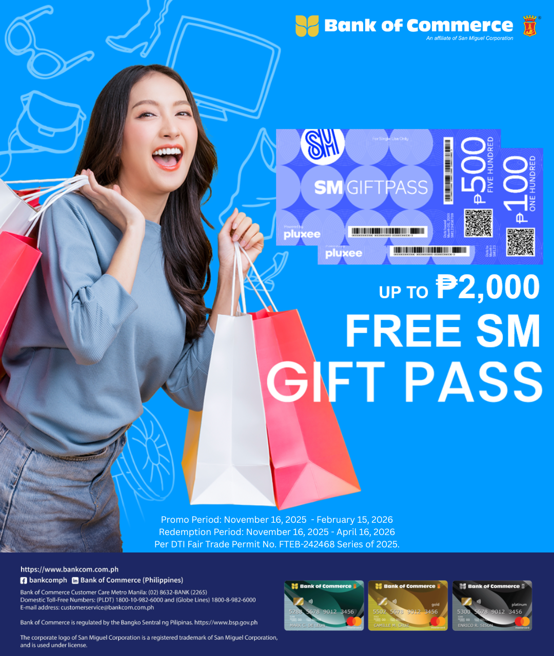 Enjoy Up to Php 2,000 Worth of FREE SM Gift Pass When You Pay in Installments with Your BankCom Credit Card!