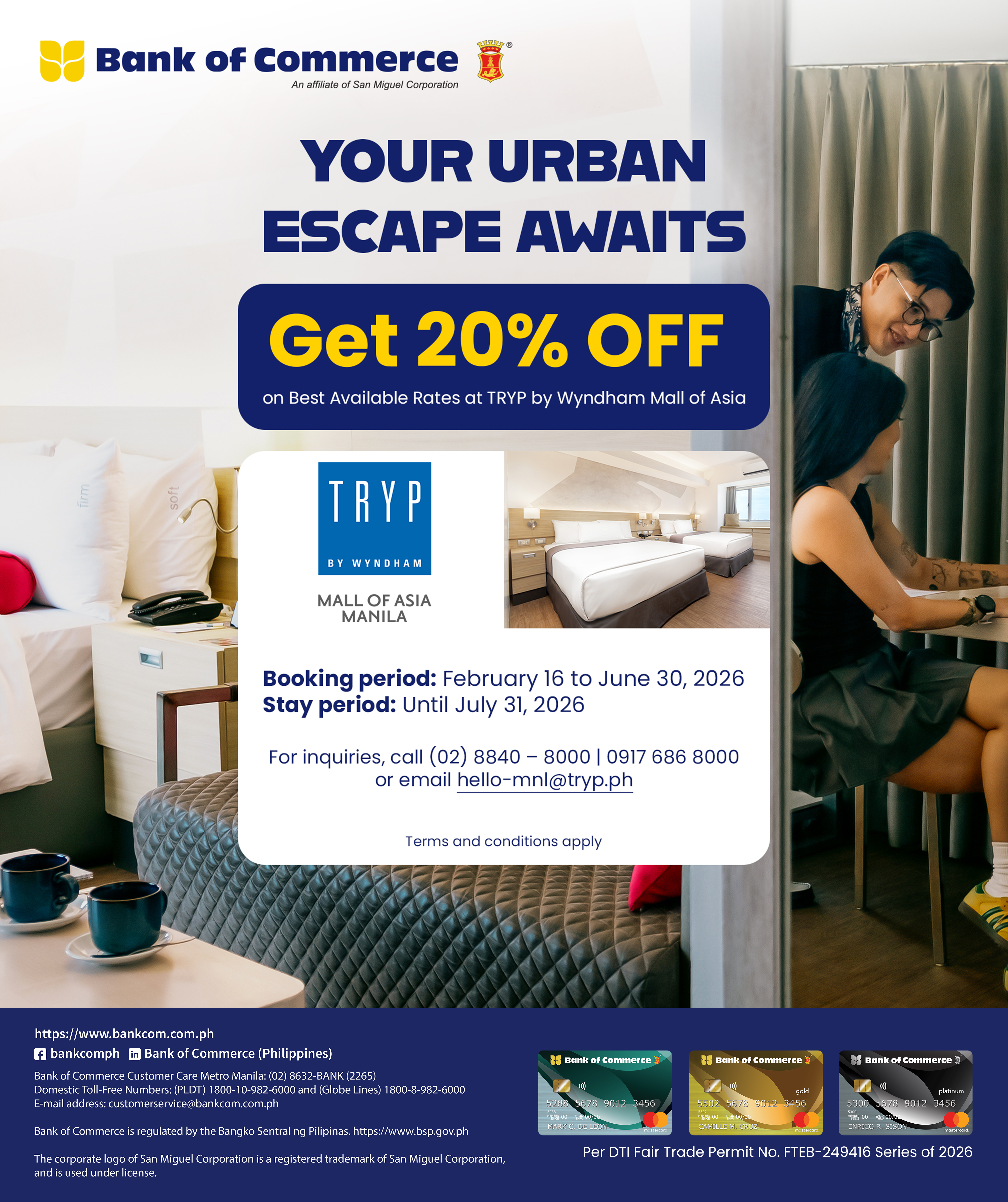 Stay by the Bay! Get 20% OFF at TRYP by Wyndham MOA with your BankCom Credit Card!