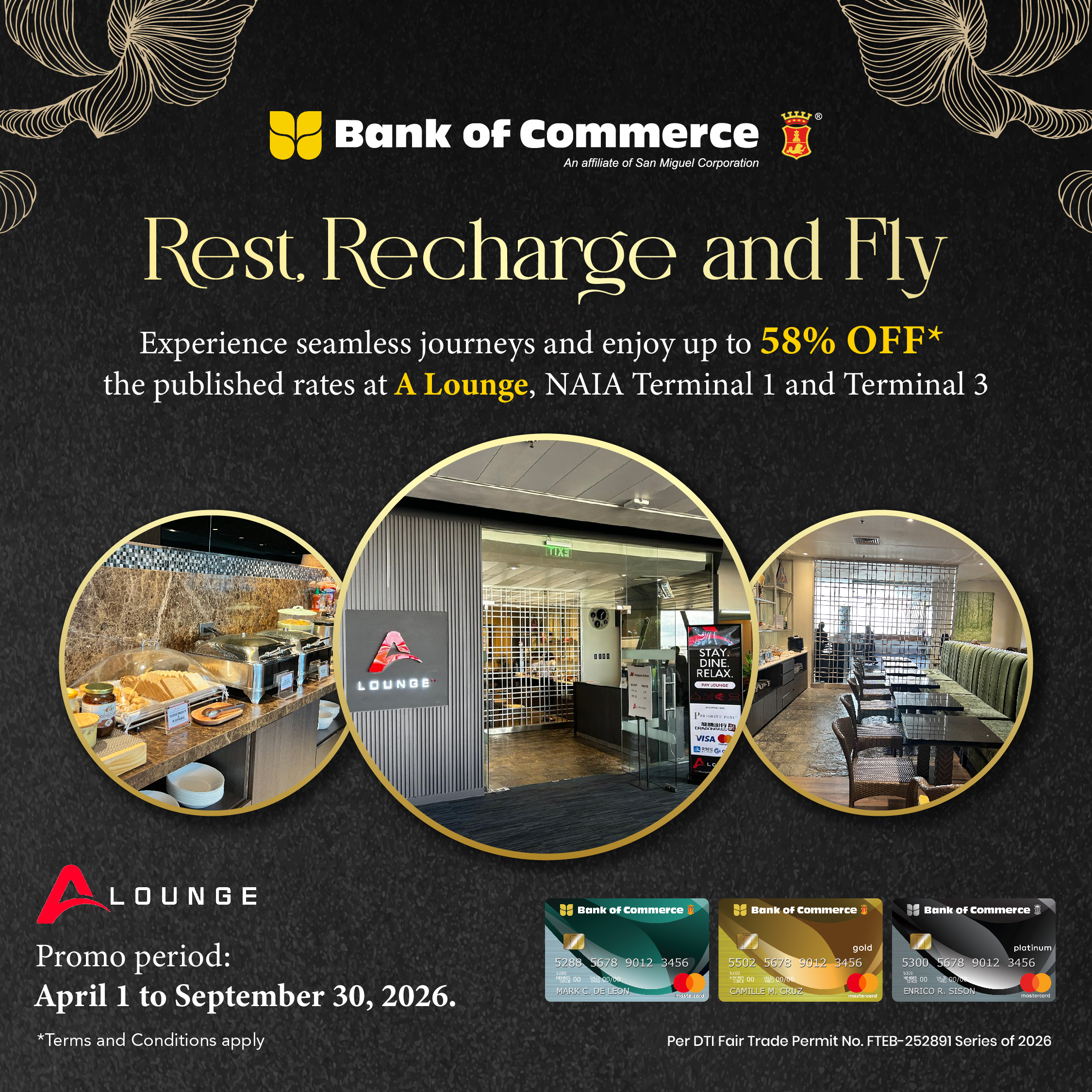 Unwind before take-off! Enjoy Up to 58% OFF at A Lounge when you use your BankCom Credit Card!