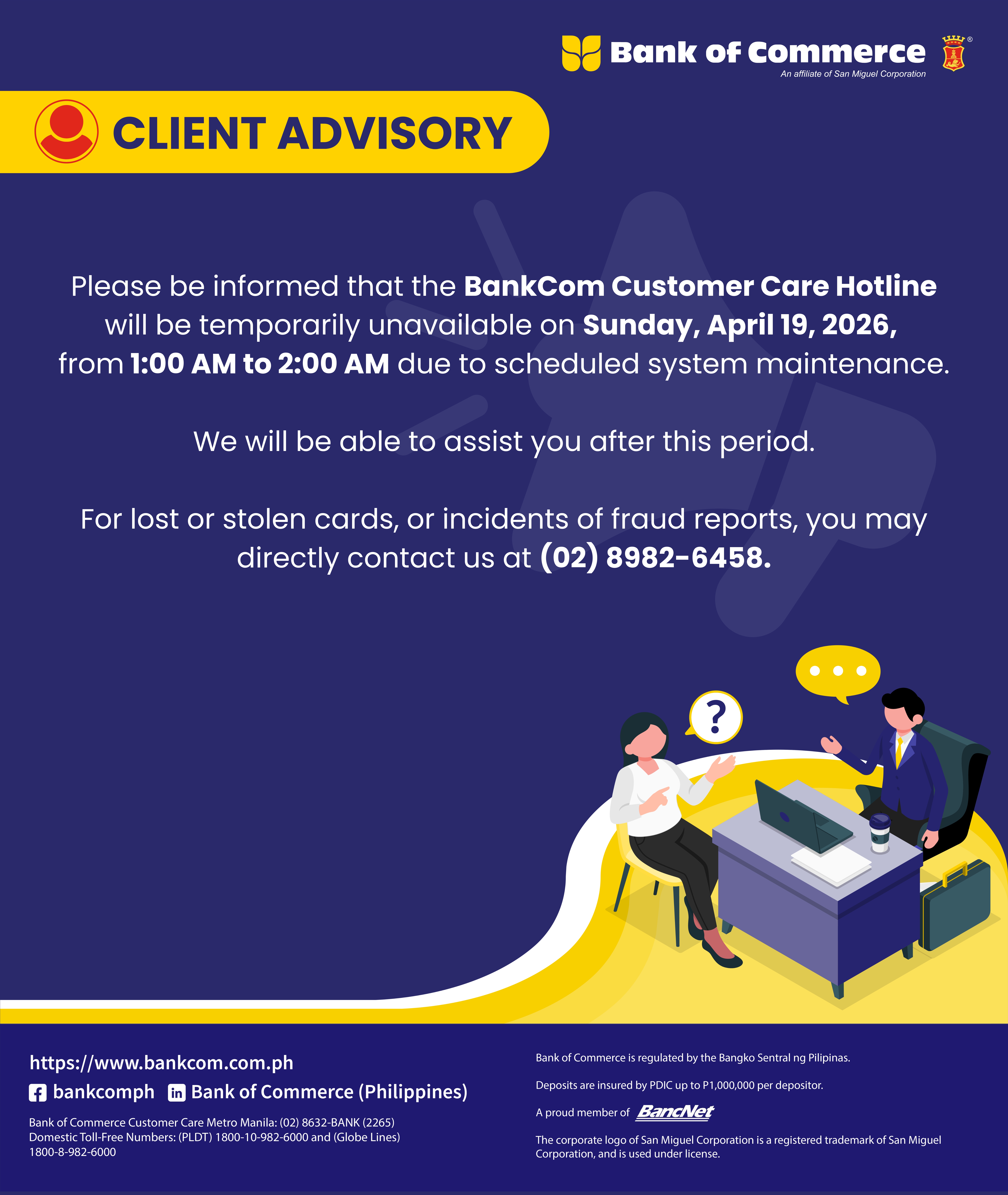 CLIENT ADVISORY: BANKCOM CUSTOMER CARE HOTLINE ADVISORY | APRIL 19, 2026