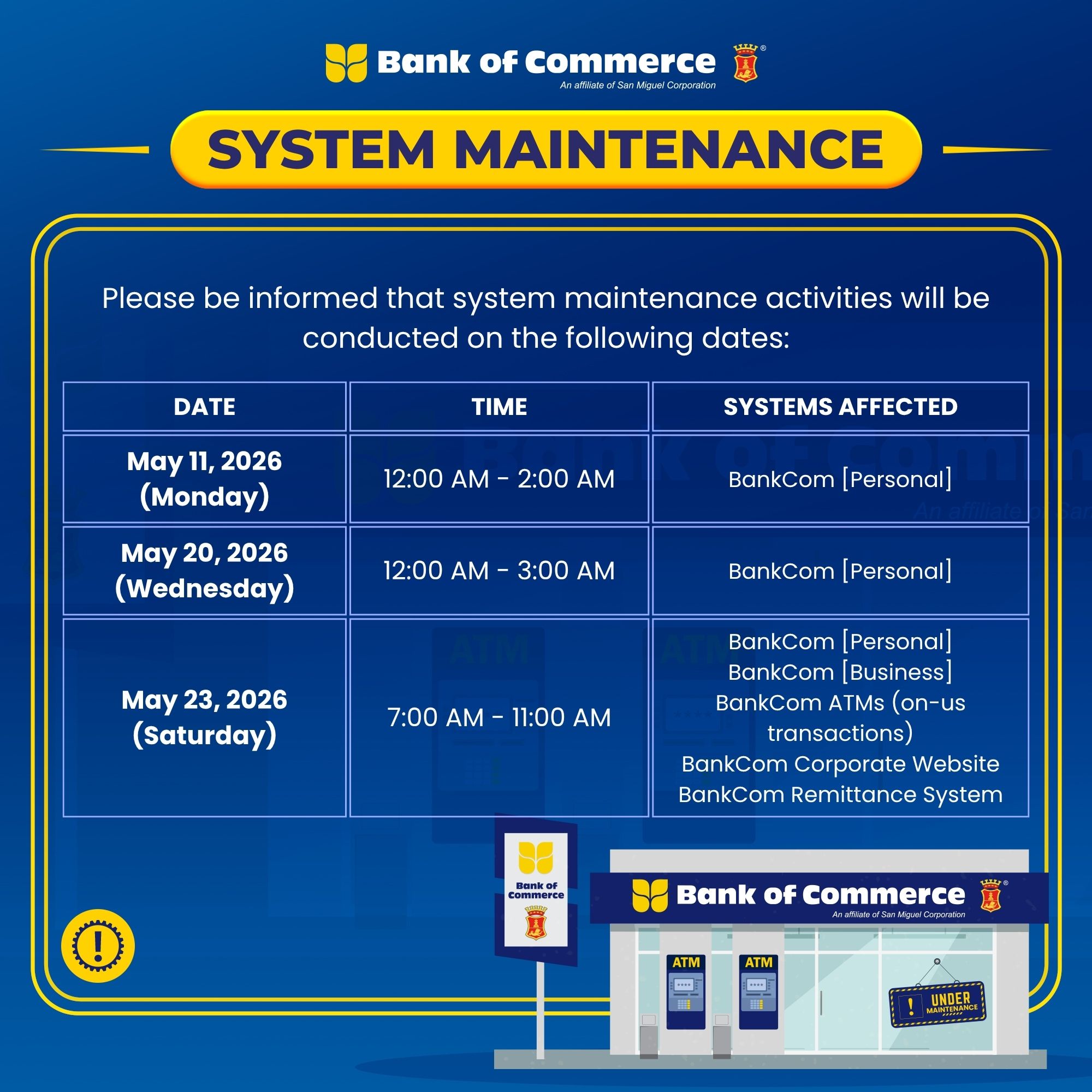 CLIENT ADVISORY: BANKCOM SYSTEM MAINTENANCE ACTIVITIES | MAY 11, 20, 23, 2026
