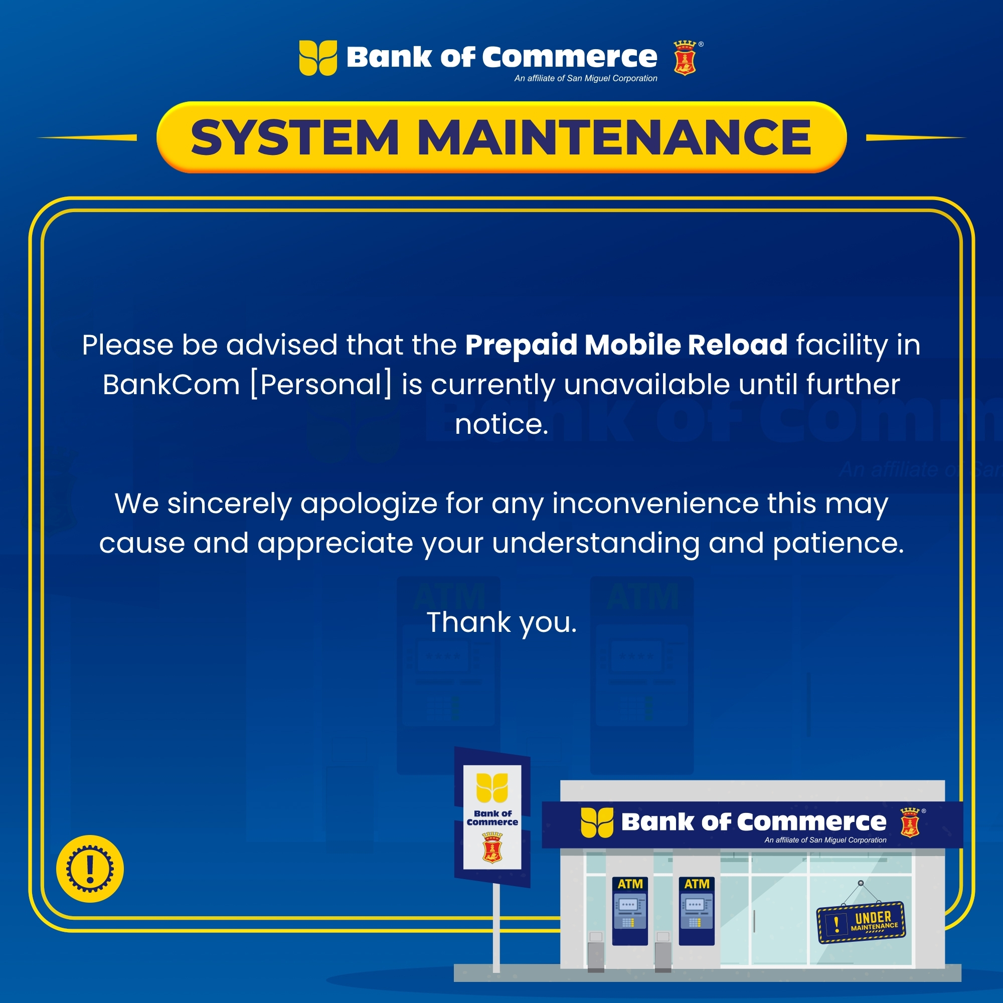 CLIENT ADVISORY: BANKCOM SYSTEM MAINTENANCE ACTIVITY – PREPAID MOBILE RELOAD | AUGUST 11, 2026
