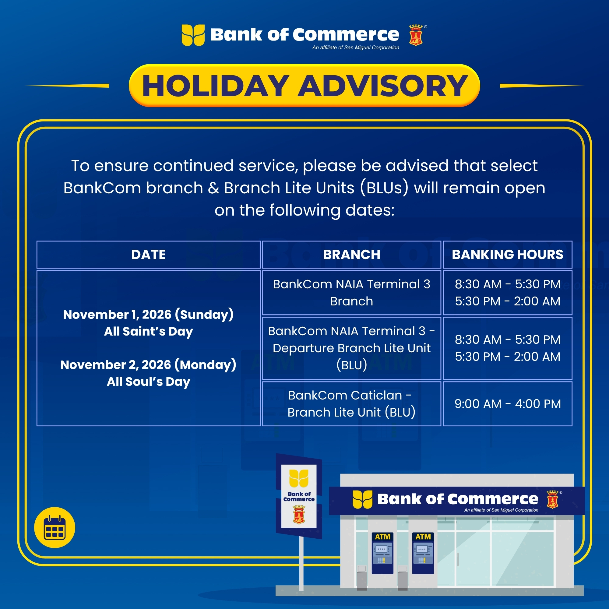 Holiday Banking Advisory: BankCom NAIA T3 & Caticlan BLUs – November 1-2, 2026
